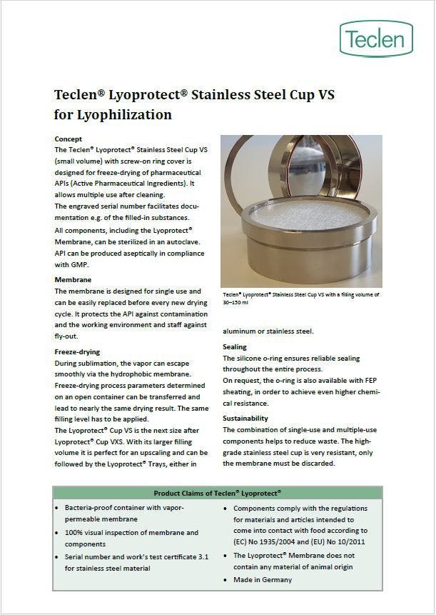 Datasheet preview of Teclen Lyoprotect Stainless Steel Cup VS for Lyophilization