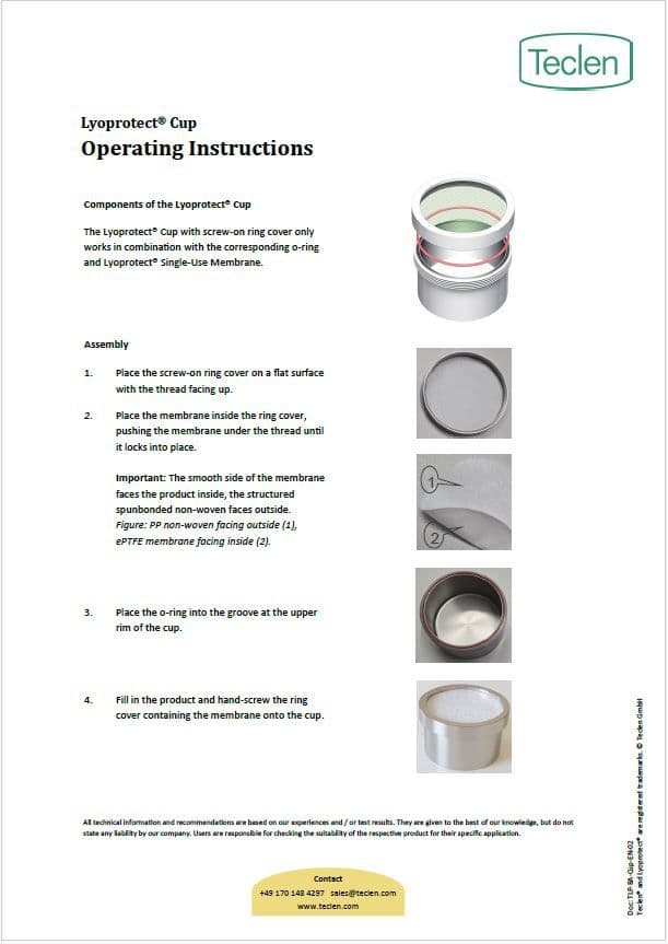 Operating instructions preview of Teclen Lyoprotect Cup