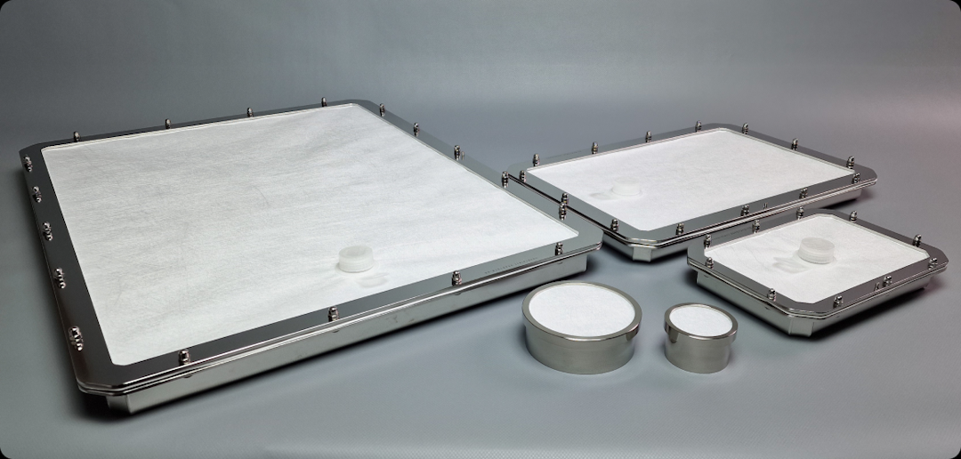 Three Lyoprotect stainless steel trays in different sizes and two stainless steel cups