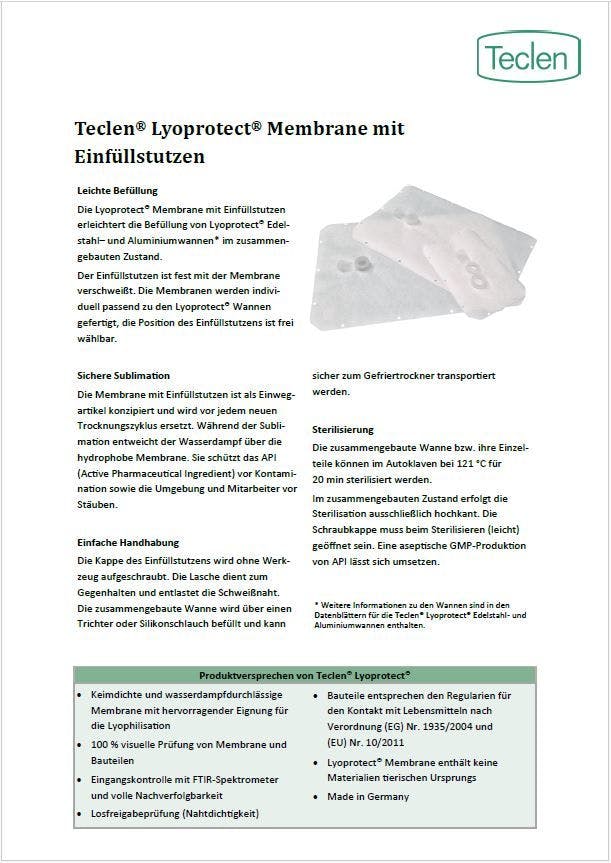 Datenblatt-Vorschau für die Teclen Lyoprotect Membrane mit Einfüllstutzen