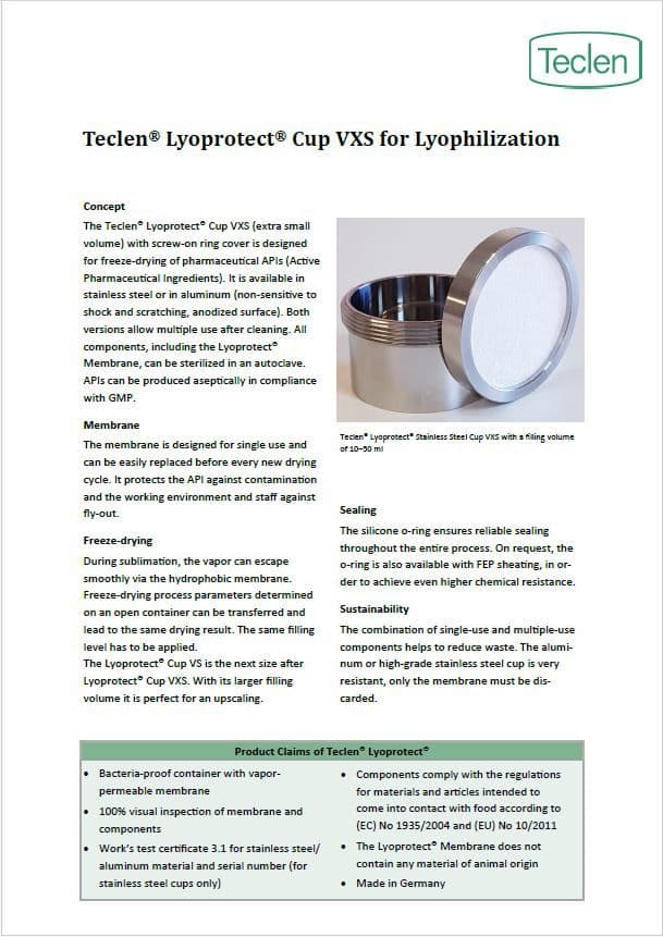 Datasheet preview of Teclen Lyoprotect Cup VXS for Lyophilization