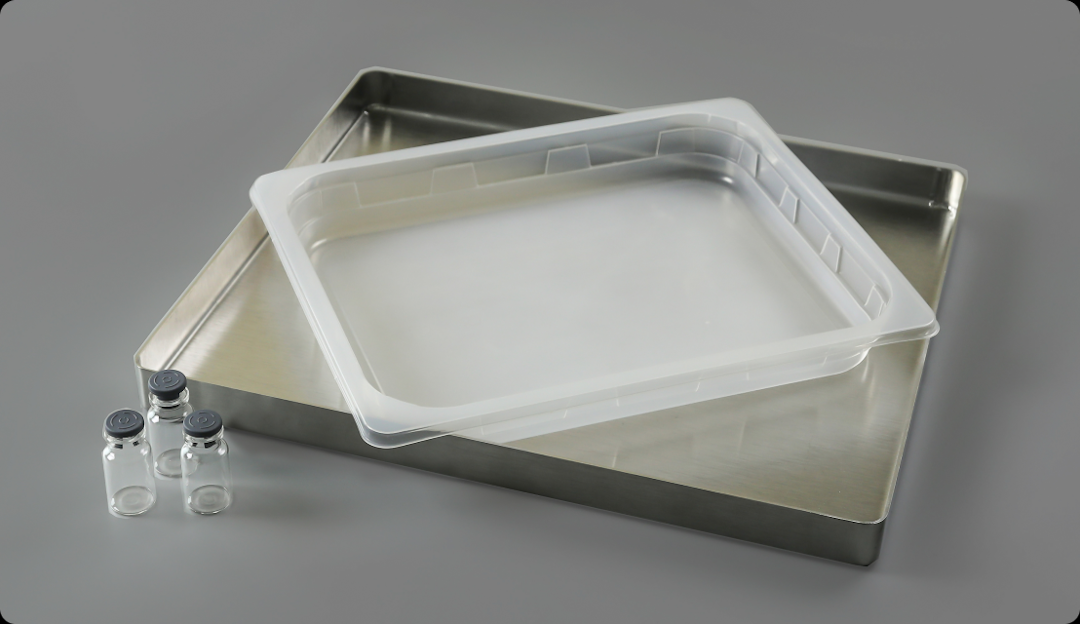 Rectangular steel tray with plastic tray and three glass vials