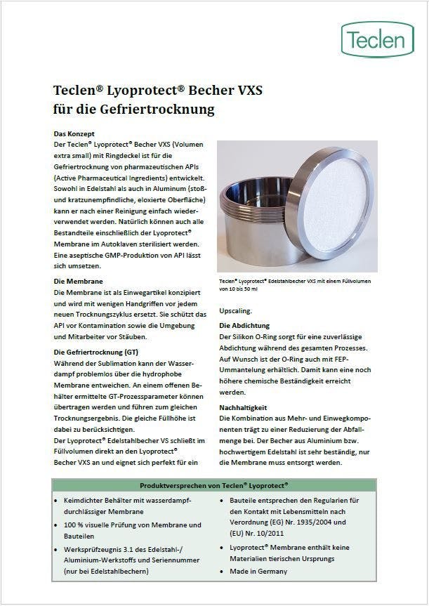 Datenblatt-Vorschau für den Teclen Lyoprotect Becher VXS für die Gefriertrocknung