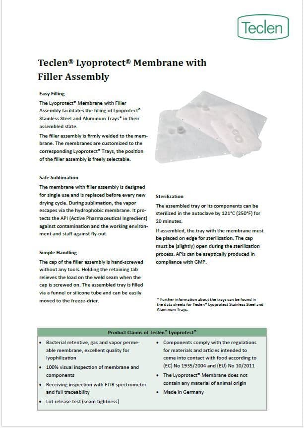 Datasheet preview of Teclen Lyoprotect Membrane with Filler Assembly