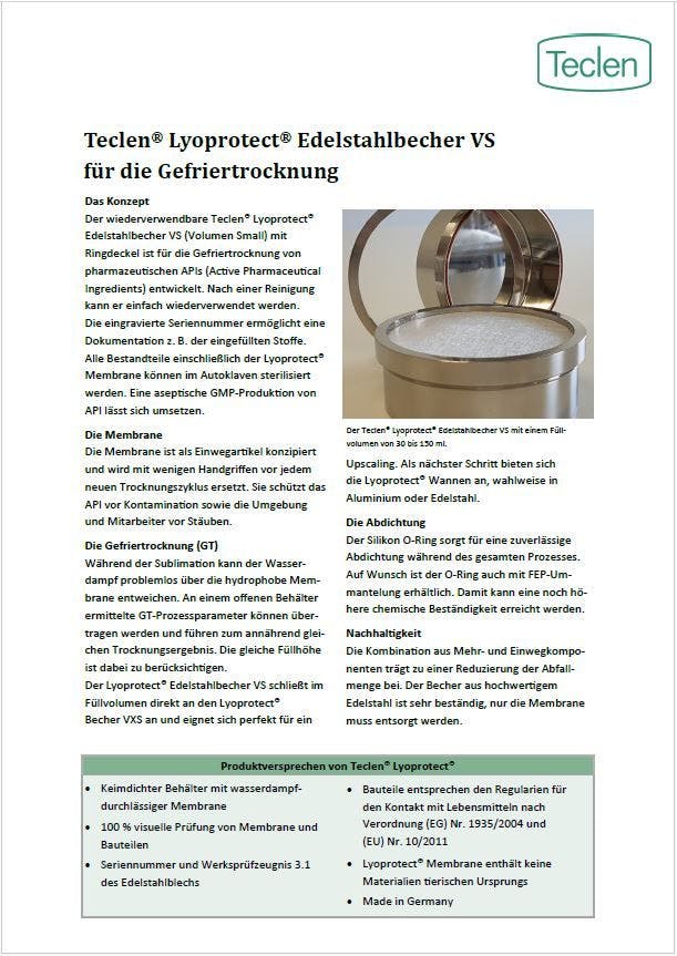 Datenblatt-Vorschau für den Teclen Lyoprotect Edelstahlbecher VS für die Gefriertrocknung