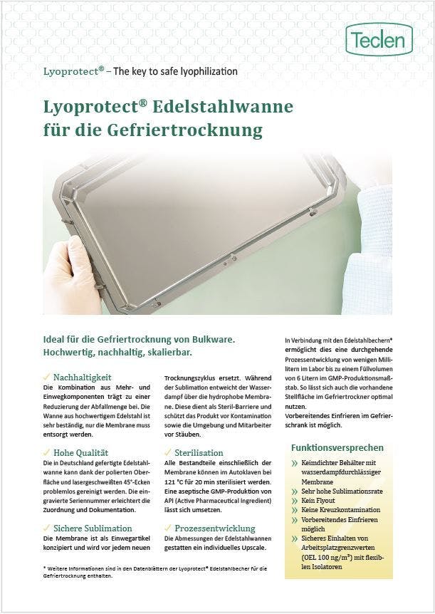 Datenblatt-Vorschau für die Teclen Lyoprotect Edelstahlwanne für die Gefriertrocknung