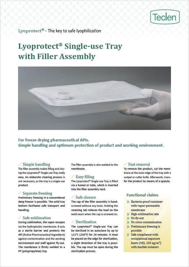 Datasheet preview of Teclen Lyoprotect Single-use Tray with Filler Assembly