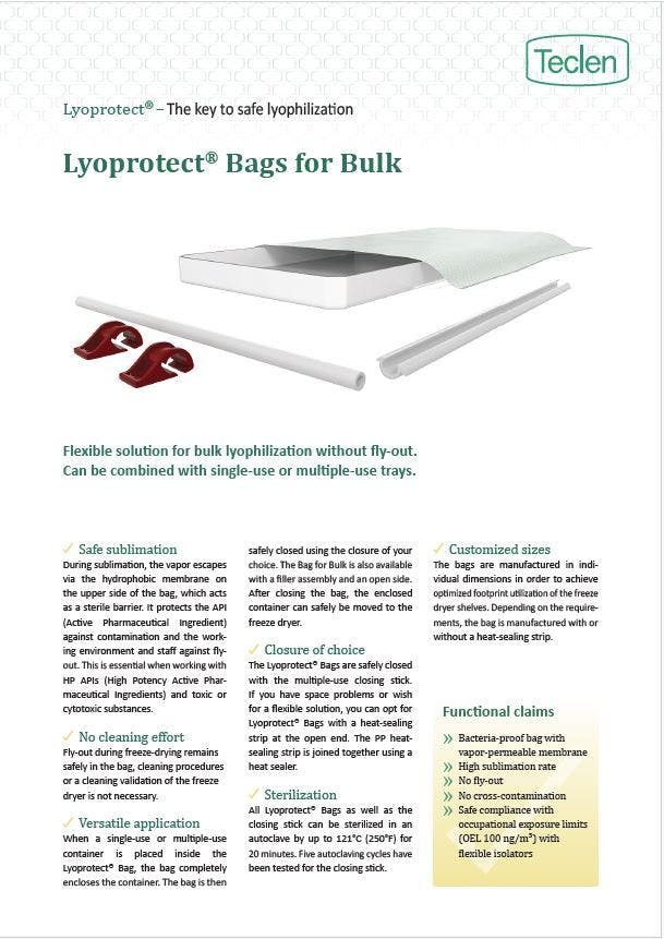 Datasheet preview of Teclen Lyoprotect Bags for Bulk