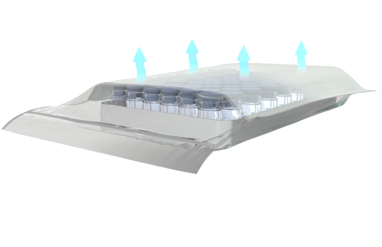 Rahmen mit Vials in einem versiegelten Lyoprotect Beutel. Dampf entweicht durch die Membrane.
