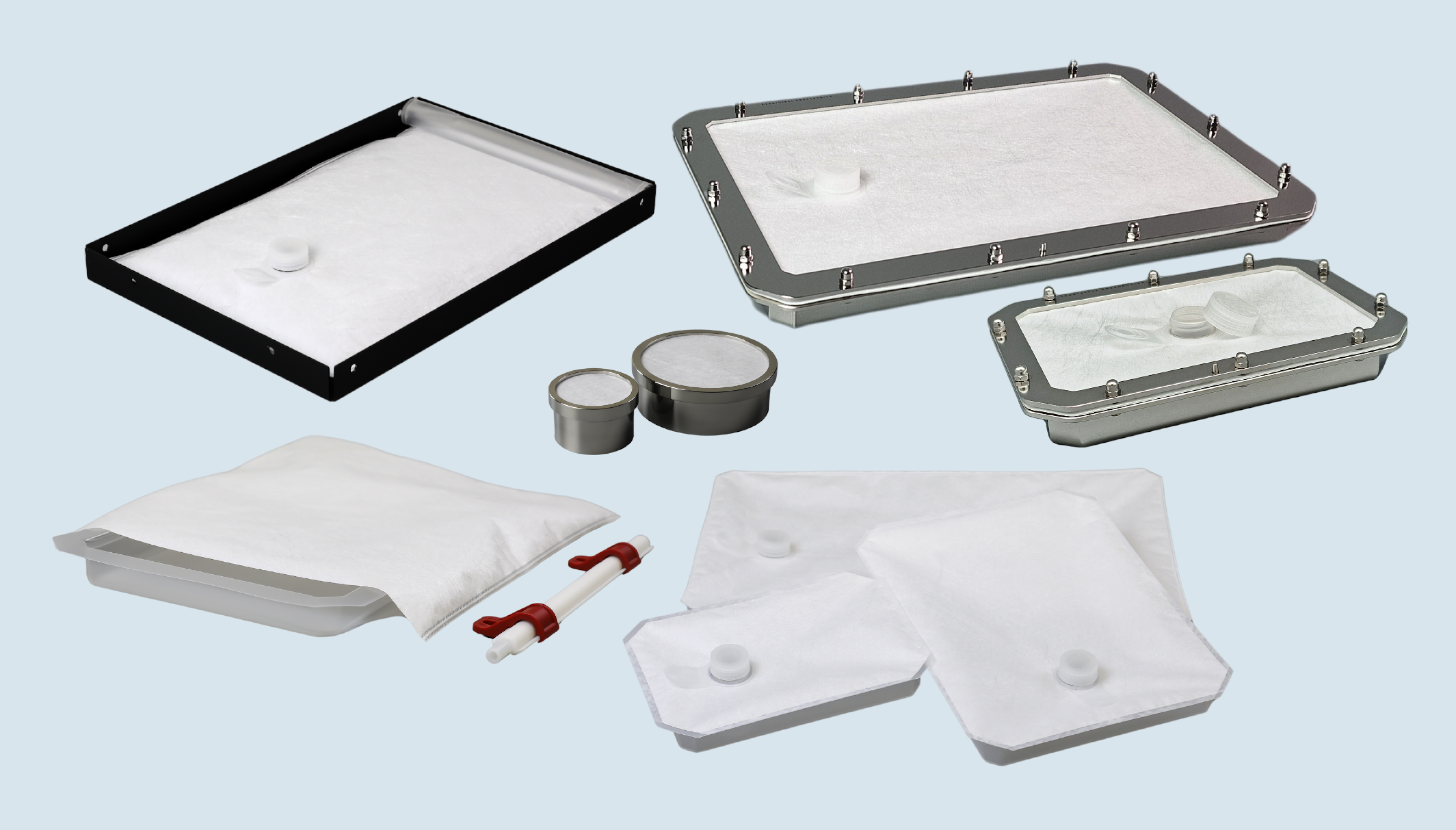 Teclen Lyoprotect products for bulk lyophilization, including trays, cups and bags with membrane