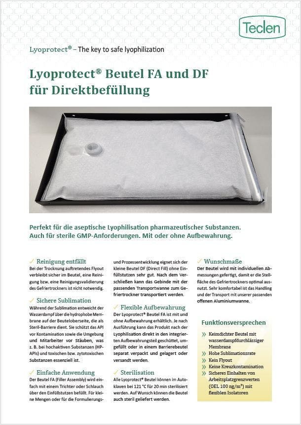 Datenblatt-Vorschau für den Teclen Lyoprotect Beutel für Direktbefüllung