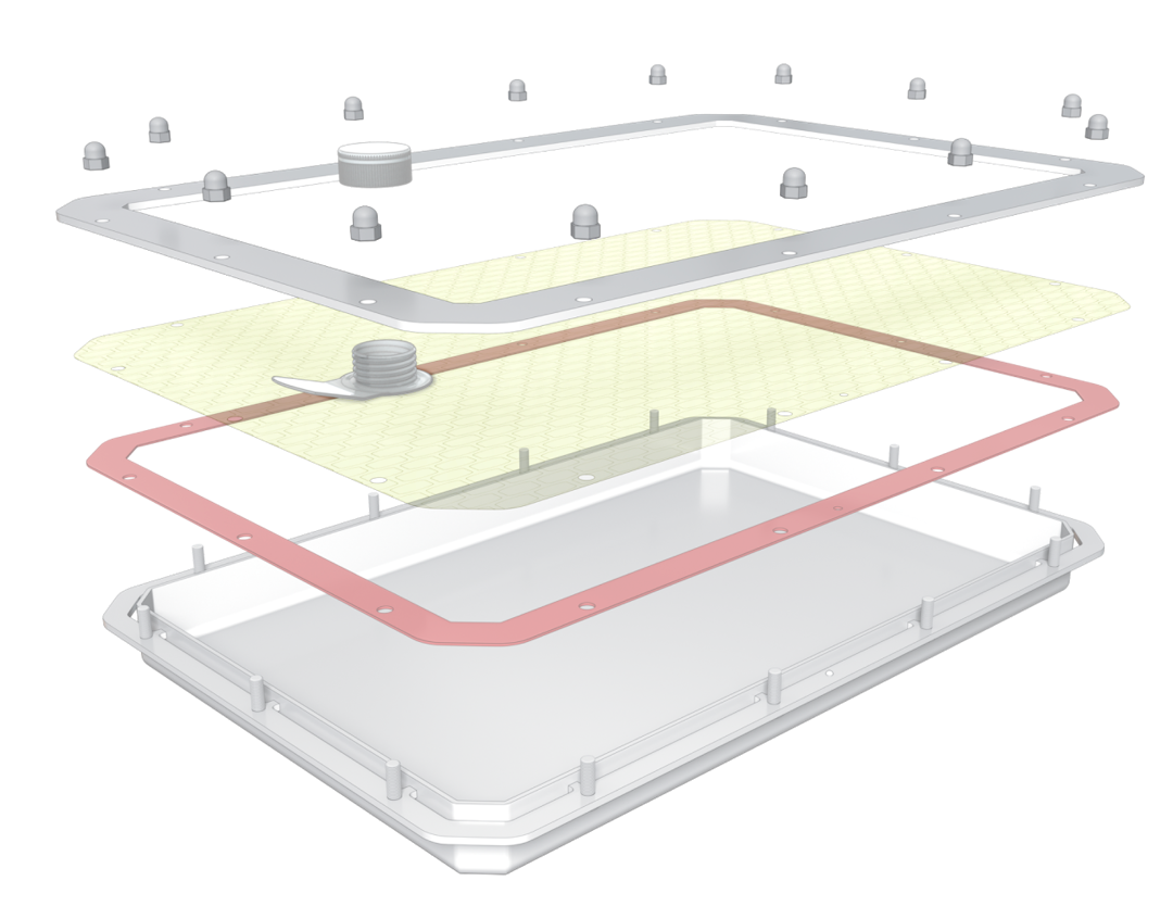 Exploded view of Lyoprotect stainless steel tray. All parts in focus.