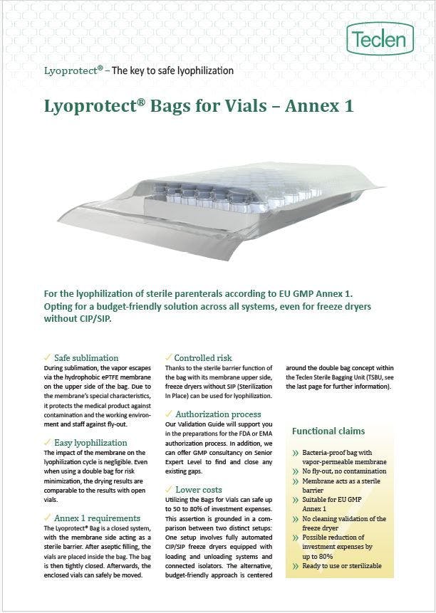 Datasheet preview of Teclen Lyoprotect Bags for Vials – Annex 1