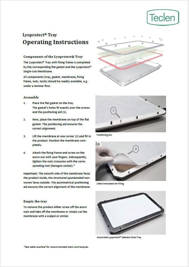 Operating instructions preview of Teclen Lyoprotect Tray