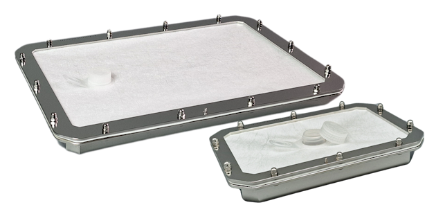 Lyoprotect Stainless Steel Trays in two sizes, with membrane and filler assembly