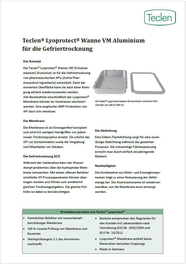 Datenblatt-Vorschau für die Teclen Lyoprotect Wanne VM Aluminium für die Gefriertrocknung