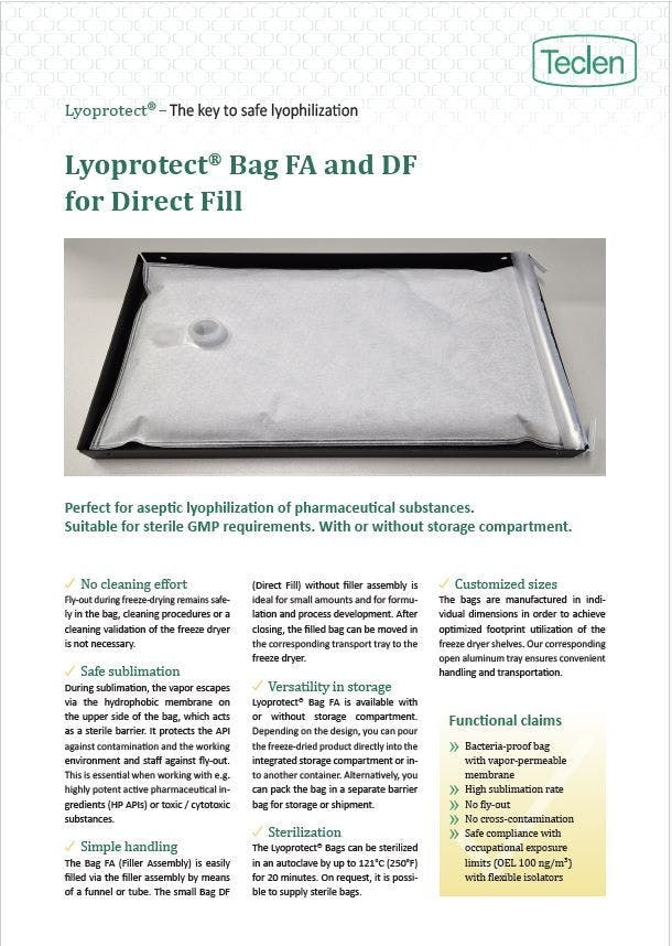 Datasheet preview of Teclen Lyoprotect® Bags for Direct Fill