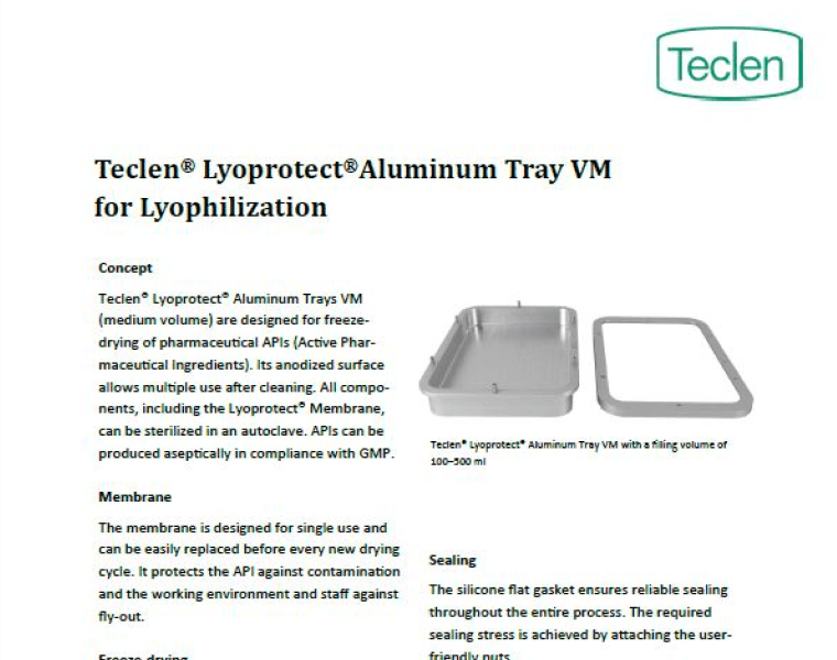 Datasheet preview of Teclen Lyoprotect® Aluminum Tray VM for Lyophilization