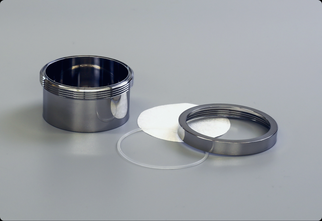 Disassembled Lyoprotect stainless steel cup with membrane and o-ring