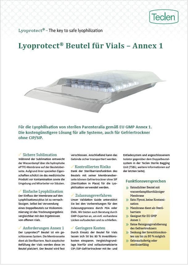 Datenblatt-Vorschau für den Teclen Lyoprotect Beutel für Vials