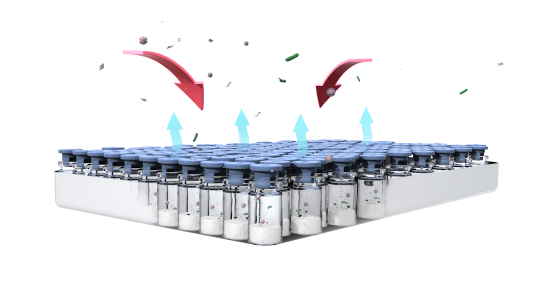 Vials with open stoppers, arranged in a tray. Vapor, fly-out and contamination are depicted.